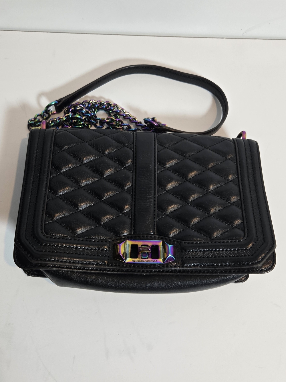 Rebecca Minkoff Black Quilted Shoulder Bag with Iridescent Chain Detail